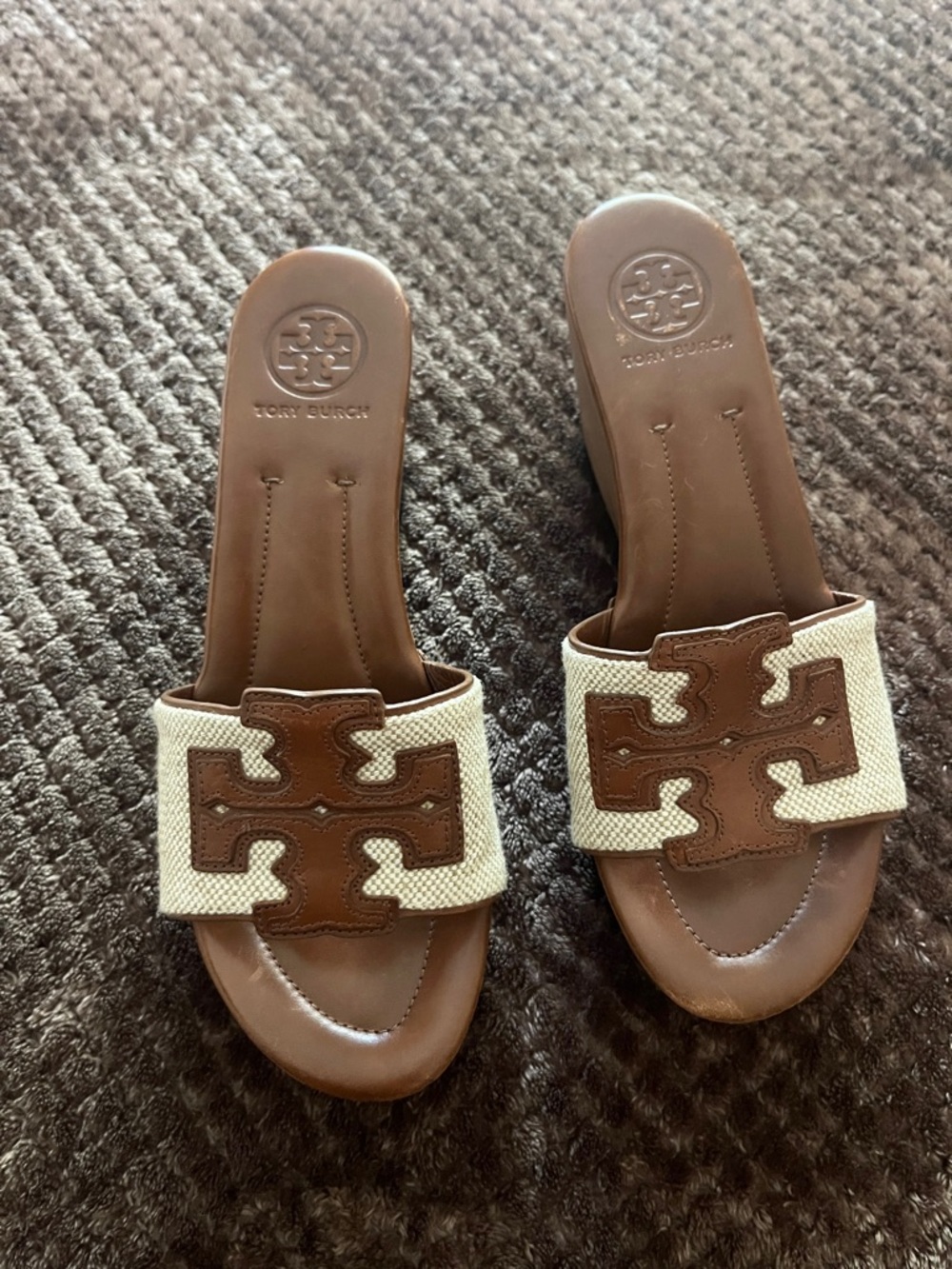 Tory Burch Brown Leather and Cream Canvas Logo Slide Mules